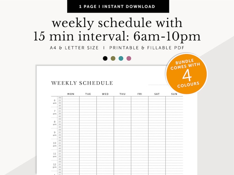 Hourly Weekly Schedule with 15 Minutes Interval, Meeting Tracker, Appointments, Fillable & Printable, Weekly Planner Inserts, A4/Letter image 1