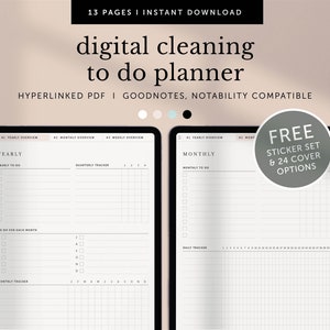 Puede incluir: Un planificador de tareas de limpieza digital con una vista general anual y mensual. El planificador es compatible con Goodnotes y Notability. Incluye un conjunto de pegatinas gratuito y 24 opciones de portada.