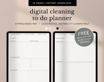 Pode incluir: Um planejador de tarefas de limpeza digital com uma visão geral anual e mensal. O planejador é compatível com Goodnotes e Notability. Inclui um conjunto de adesivos grátis e 24 opções de capa.