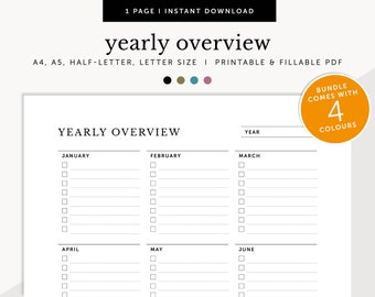 May include: A printable yearly overview planner with sections for each month of the year. The planner is divided into six sections, one for each month, with space for writing tasks or appointments. The planner is available in four colors.