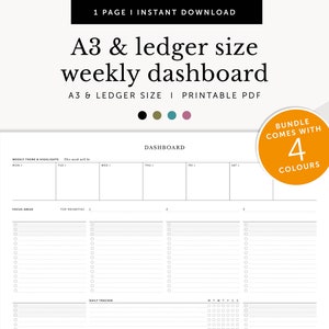 Op de afbeelding: Een printbare wekelijkse dashboard in A3 en ledger formaat. De dashboard bevat secties voor wekelijkse thema's en hoogtepunten, focusgebieden, topprioriteiten, dagelijkse tracker en een kalender. De tekst "DASHBOARD" staat bovenaan de pagina. Het pakket wordt geleverd met 4 kleuren.