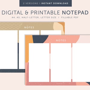 Puede incluir: Dos plantillas de bloc de notas imprimibles con diseños geométricos y abstractos. Los blocs de notas están divididos en tres secciones con la palabra "NOTES" en la parte superior de cada sección. Las plantillas están disponibles en tamaños A4, A5, media carta y carta.