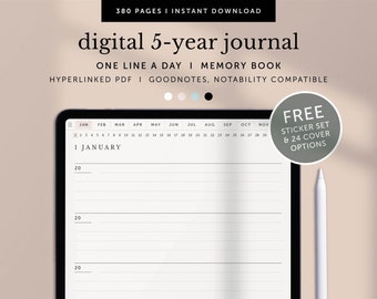 Digital 5-year Journal & Memory Book, One Line a Day, 5 Year Daily Journal, Goodnotes Daily Diary, Notability, iPad, Hyperlinked PDF