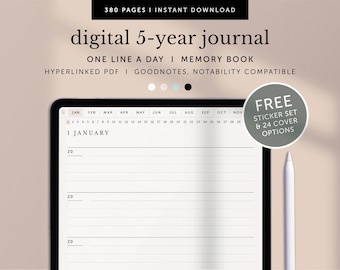 Digital 5-year Journal & Memory Book, One Line a Day, 5 Year Daily Journal, Goodnotes Daily Diary, Notability, iPad, Hyperlinked PDF