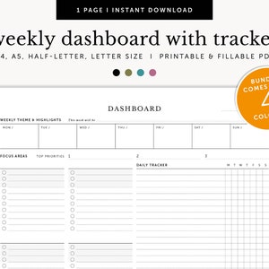 May include: A printable weekly dashboard planner with a daily tracker. The planner includes sections for weekly themes, highlights, focus areas, and top priorities. The daily tracker has a grid for tracking tasks or habits.