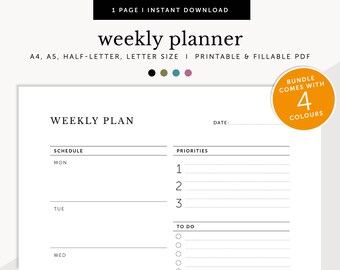 Minimalist Weekly Planner, Weekly Schedule, Weekly To Do List, Printable Planner, Fillable Template, Planner Inserts, A4/A5/Letter/Half Size