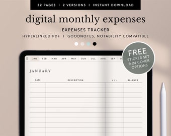 Digital Monthly Expenses Tracker, Income Tracker, Monthly Money Tracker, Goodnotes Planner, Notability Planner, Ipad, Hyperlinked PDF