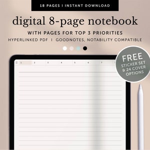 8-page Digital Notebook, Note-taking Pages, Notes Template, Goodnotes Planner, Notability Planner, iPad Planner, Hyperlinked PDF