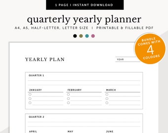 Quarterly Yearly Planner, Yearly Reflection, Yearly Goal, Yearly To Do, Yearly Planner, Fillable & Printable Planner, A4/A5/Letter/Half Size
