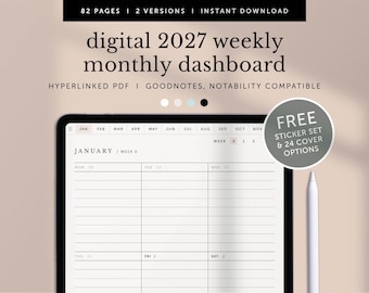 Digitaler Wochen- und Monatsplaner 2027, Digitale Wochennotizen 2027, Wochenjournal 2027, Goodnotes-Planer, Notability, iPad, verlinktes PDF