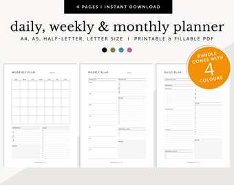 Planificador diario, planificador semanal, planificador mensual, planificador imprimible, conjunto de planificador, insertos de planificador, planificador rellenable, A4/A5/carta/tamaño medio