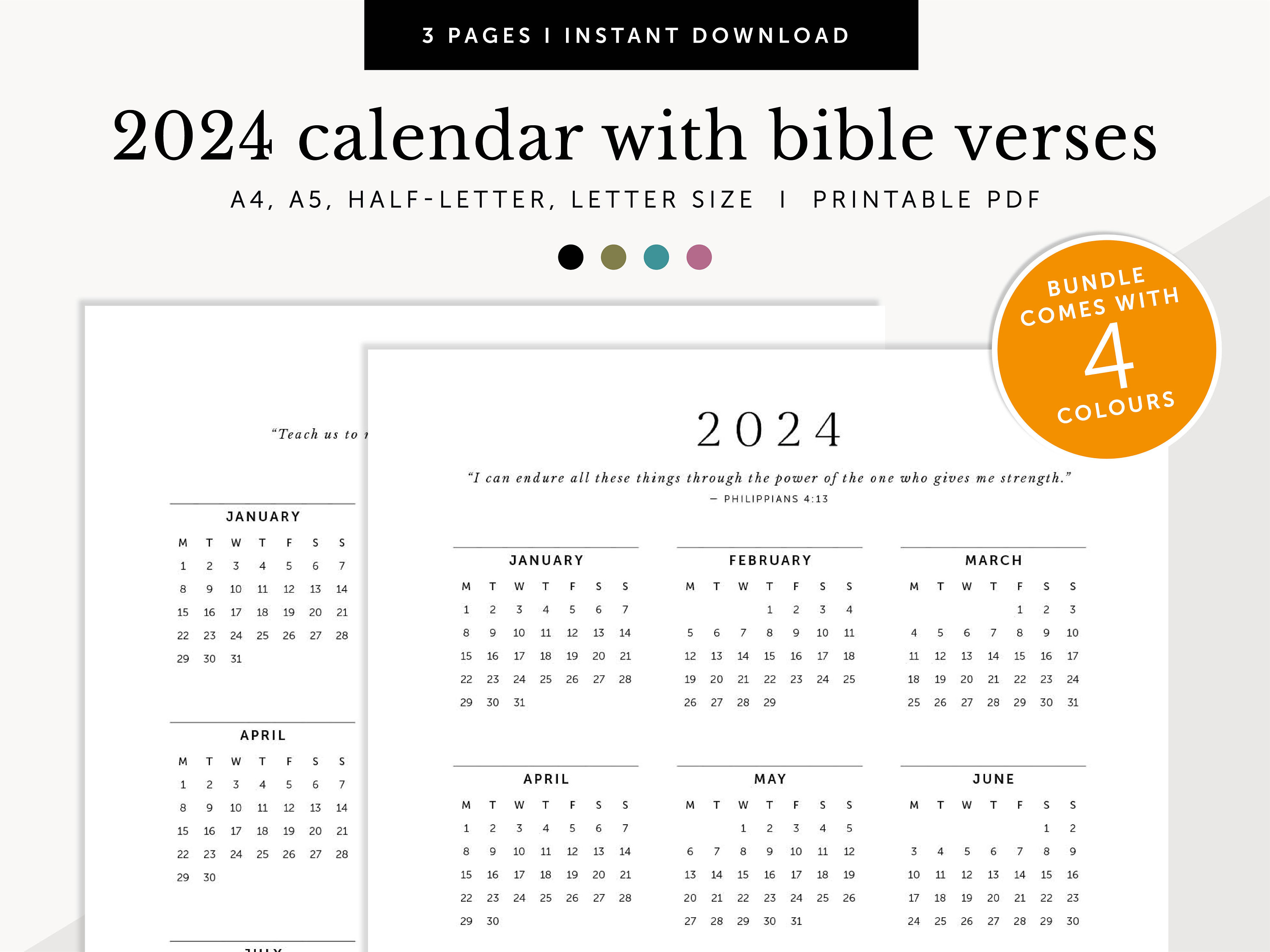 Calendrier 2024 avec versets bibliques, calendrier chrétien 2024,  calendrier de la foi 2024, encarts de planification imprimables 2024, A4 /  A5 / Lettre / Demi-format -  Canada