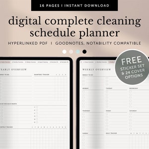 May include: A digital cleaning schedule planner displayed on a tablet screen. The planner features a yearly overview, weekly overview, quarterly tracker, and monthly tracker. The planner is compatible with Goodnotes and Notability. A free sticker set and 24 cover options are included.