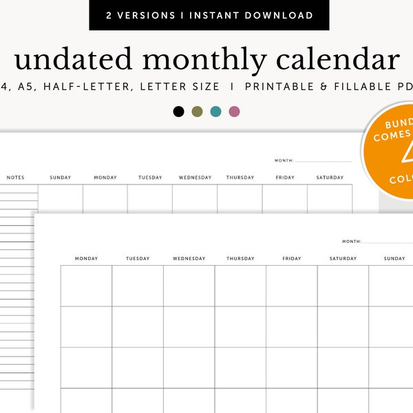 Undated Monthly Calendar, Desk Calendar, Wall Calendar, Fillable & Printable Landscape Planner, Planner Inserts, A4/A5/Letter/Half Size