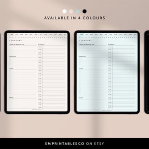 May include: Four digital planner templates for January, displayed on tablet screens. The templates are in white, light blue, blue, and black.