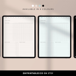 May include: Four digital planner templates for January, each with a different color scheme: white, light blue, gray, and black. Each template includes sections for daily, weekly, and monthly tracking.