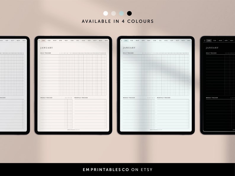 May include: Four digital planner templates for January, each with a different color scheme: white, light blue, gray, and black. Each template includes sections for daily, weekly, and monthly tracking.