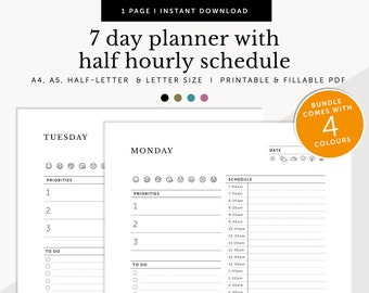 May include: A printable 7-day planner with a half-hourly schedule. The design includes sections for priorities, to-do lists, and a detailed schedule from 7:00 am to 2:30 pm. Available in A4, A5, and half-letter sizes. The bundle comes with 4 colors.