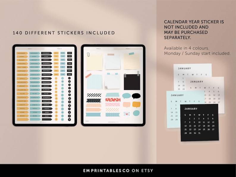 Puede incluir: Un planificador digital con 140 pegatinas diferentes, incluyendo notas, flechas, c&iacute;rculos y cinta washi. El planificador se muestra en la pantalla de una tableta. La imagen tambi&eacute;n incluye cuatro p&aacute;ginas de calendario para enero, con una nota que indica que la pegatina del a&ntilde;o del calendario se vende por separado.