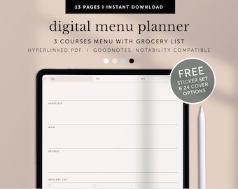 Planificador de menú digital, Planificador de comidas, Lista de compras, Planificador de alimentos, Planificador de Goodnotes, Planificador de notabilidad, Planificador de Ipad, PDF con hipervínculo