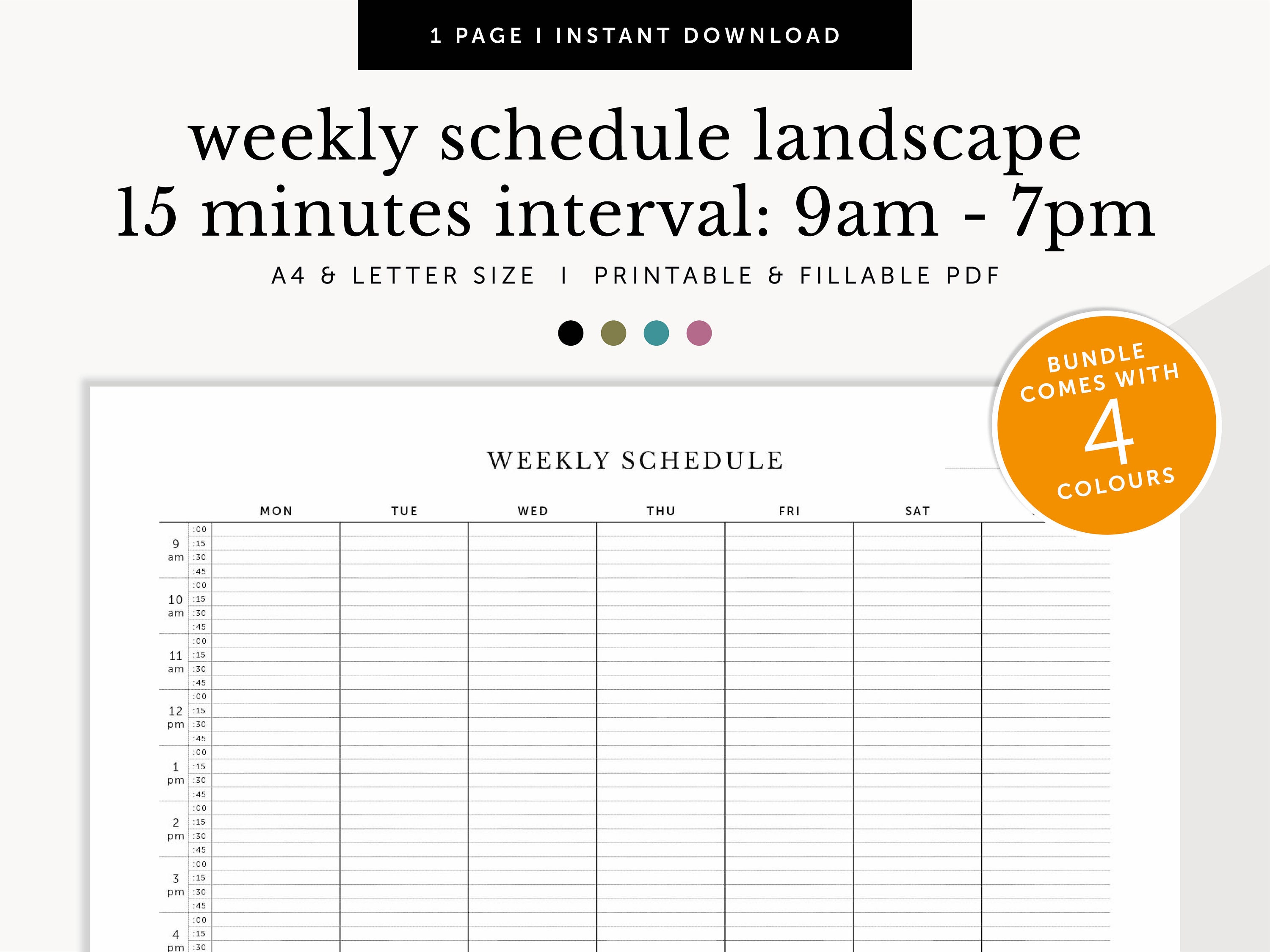 Weekly Schedule Landscape, 15 Minutes Interval, Weekly Meeting Tracker, Weekly Appointments Tracker, Fillable & Printable, A4/Letter