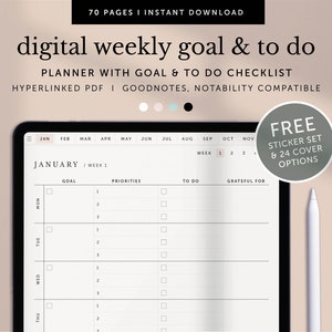 May include: A digital weekly goal and to-do planner on a tablet screen. The planner is divided into sections for goals, priorities, to-do list, and grateful for. The planner is compatible with Goodnotes and Notability. A free sticker set and 24 cover options are included.