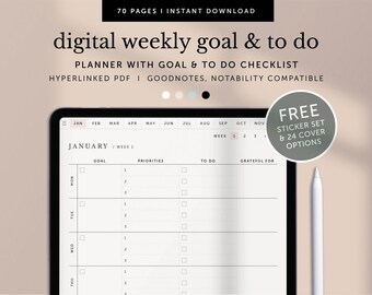 Puede incluir: Un planificador semanal digital para objetivos y tareas en la pantalla de una tableta. El planificador está dividido en secciones para objetivos, prioridades, lista de tareas y agradecido por. El planificador es compatible con Goodnotes y Notability. Se incluye un conjunto de pegatinas gratis y 24 opciones de portada.