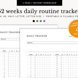 52 Week Daily Tracker, Year Habit Tracker, Routine Checklist, To do list, Fillable & Printable, Planner Inserts, A4/A5/Letter/Half Size