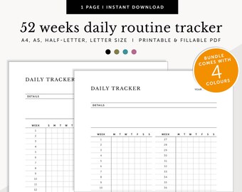 May include: Printable daily routine tracker with 52 weeks, in four colors, for A4, A5, half-letter, and letter sizes. The tracker has a section for details, a week number, and days of the week.
