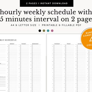 Op de afbeelding: Een printbare weekplanner met 15 minuten intervallen, ontworpen voor A4 of letterformaat papier. De planner is verdeeld in zeven kolommen voor elke dag van de week, met ruimte voor prioriteiten, takenlijsten, notities en gewoontes. De planner is verkrijgbaar in vier kleuren.