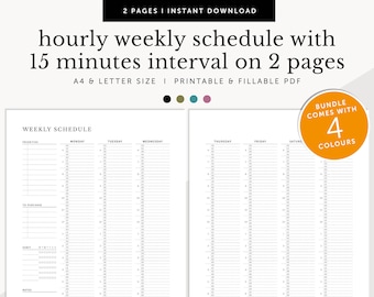 May include: A printable weekly schedule planner with 15-minute intervals, designed for A4 or letter size paper. The planner is divided into seven columns for each day of the week, with space for priorities, to-do lists, notes, and habits. The planner comes in four colors.
