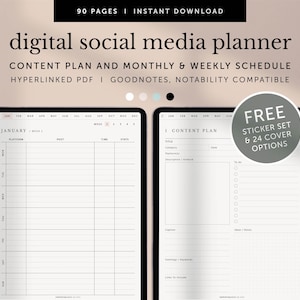 May include: A digital social media planner on a tablet screen. The planner includes a content plan, monthly and weekly schedules, and a to-do list. The planner is compatible with Goodnotes and Notability. The image also shows a free sticker set and 24 cover options.