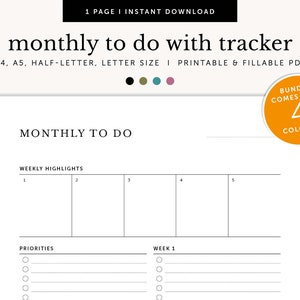 Monthly To Do with Weekly Tracker, Monthly Agenda, Monthly Tasks Manager, Weekly Tasks, Printable & Fillable Planner, A4/A5/Letter/Half Size
