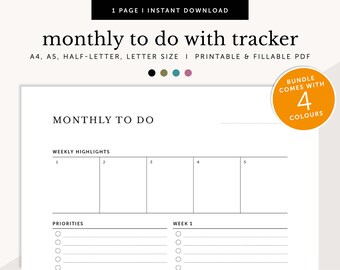 Monthly To Do with Weekly Tracker, Monthly Agenda, Monthly Tasks Manager, Weekly Tasks, Printable & Fillable Planner, A4/A5/Letter/Half Size