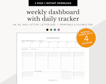 Weekly Dashboard Overview, Daily Habit Tracker, Weekly Project Planner, 5 columns, Fillable & Printable Planner, A4/A5/Letter/Half Size