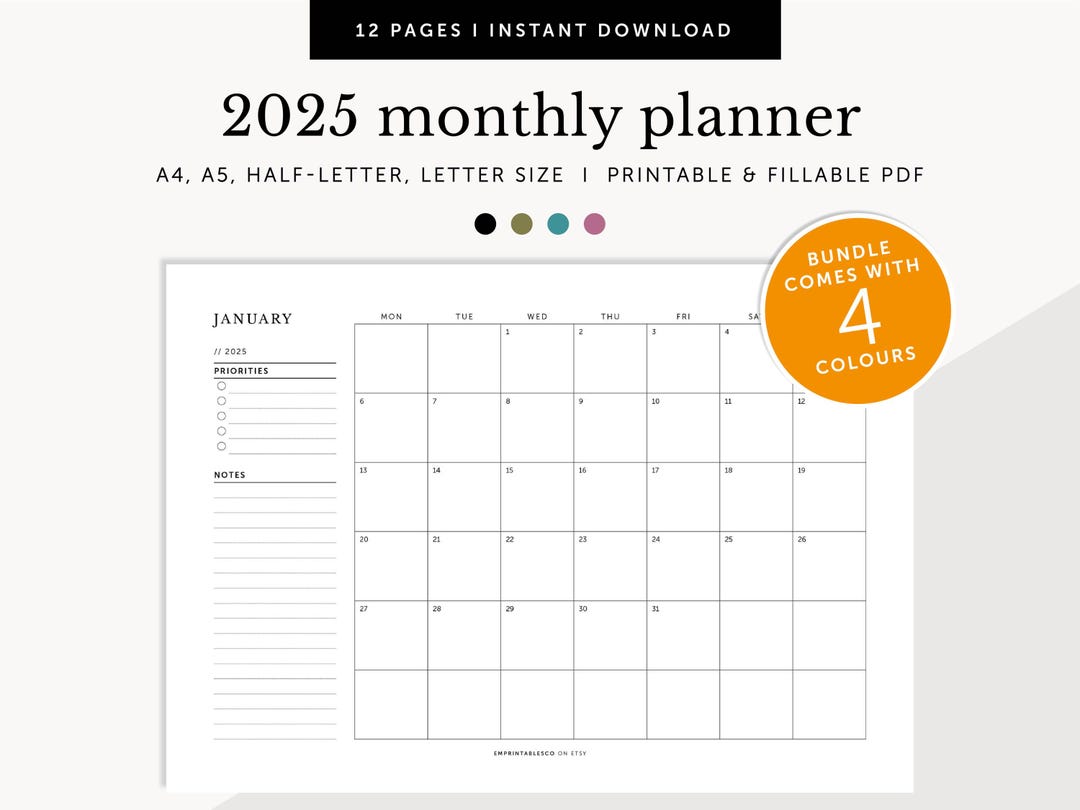 2025 Monthly Calendar, 2025 Monthly Overview, 2025 Landscape Monthly
