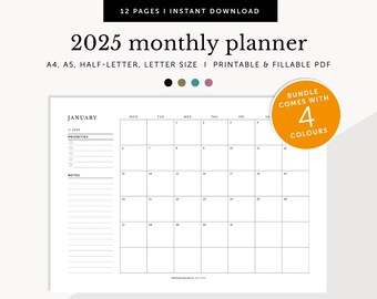 Calendario mensual 2025, resumen mensual 2025, planificador mensual horizontal 2025, insertos de planificador rellenables e imprimibles, tamaño A4/A5/carta/medio