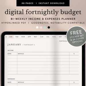 May include: A digital fortnightly budget planner displayed on a tablet screen. The planner is designed to track income and expenses. The screen shows the month of January and the first fortnight. The planner is compatible with Goodnotes and Notability apps. A free sticker set and 24 cover options are included.