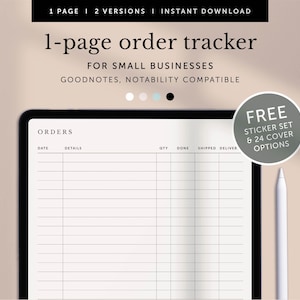 May include: A digital planner template for tracking orders. The template is designed for use with Goodnotes and Notability apps. The template includes columns for date, details, quantity, done, shipped, and delivered. The template is displayed on a tablet screen with a stylus pen.