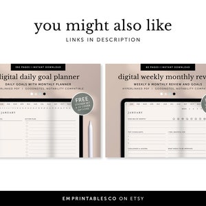 May include: Two digital planner designs for daily goals and weekly/monthly review. Both planners feature a calendar, a section for goals, and a section for notes. The planners are compatible with Goodnotes and Notability apps. Free sticker sets and cover options are included.