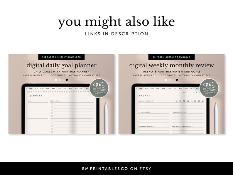 May include: Two digital planner designs for daily goals and weekly/monthly review. Both planners feature a calendar, a section for goals, and a section for notes. The planners are compatible with Goodnotes and Notability apps. Free sticker sets and cover options are included.