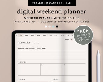 May include: A digital weekend planner on a tablet screen. The planner is for January and includes a section for what you are grateful for, priorities, and a space for Saturday and Sunday. The planner is compatible with Goodnotes and Notability. A free sticker set and 24 cover options are included.
