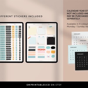 May include: A digital planner with 140 different stickers, including notes, arrows, circles, and washi tape. The planner is displayed on a tablet screen. The text "140 DIFFERENT STICKERS INCLUDED" is at the top of the image. The text "EMPRINTABLESCO ON ETSY" is at the bottom of the image.
