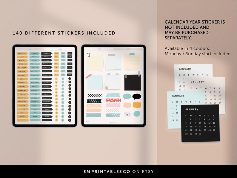 May include: A digital planner with 140 different stickers, including notes, arrows, circles, and washi tape. The planner is displayed on a tablet screen. The text "140 DIFFERENT STICKERS INCLUDED" is at the top of the image. The text "EMPRINTABLESCO ON ETSY" is at the bottom of the image.
