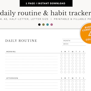 Può includere: Un planner di routine e abitudini giornaliero stampabile in bianco e nero. Il planner ha sezioni per la mattina e il pomeriggio, con una griglia di cerchi per ogni giorno della settimana. Il testo "DAILY ROUTINE" è in cima alla pagina, e i testi "MONTH" e "WEEK" sono in cima alla griglia.