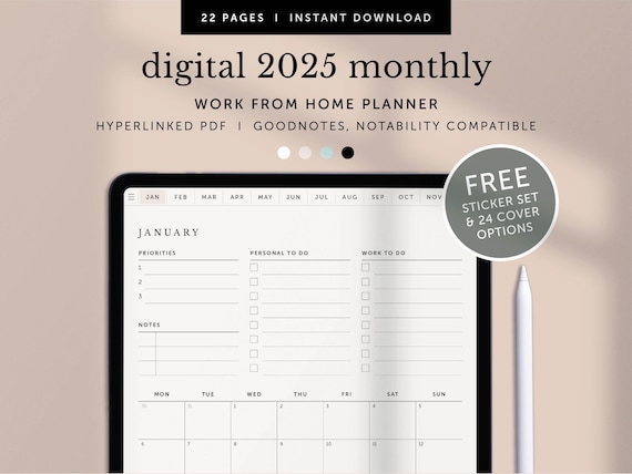 2025 Digital Work From Home Planner, 2025 Monthly Work Planner, 2025 Monthly Goals & To do Checklist, Goodnotes Planner, Hyperlinked PDF