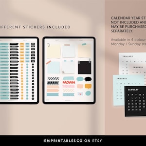 May include: A digital planner with 140 different stickers, including notes, washi tape, and speech bubbles. The planner is displayed on a tablet screen. The image also shows four printable calendar pages for January, with each page featuring a different color scheme.