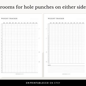 May include: Two printable weight tracker pages with a grid layout for recording weight each month. The pages are designed to be punched for a binder and have the text "WEIGHT TRACKER" at the top.