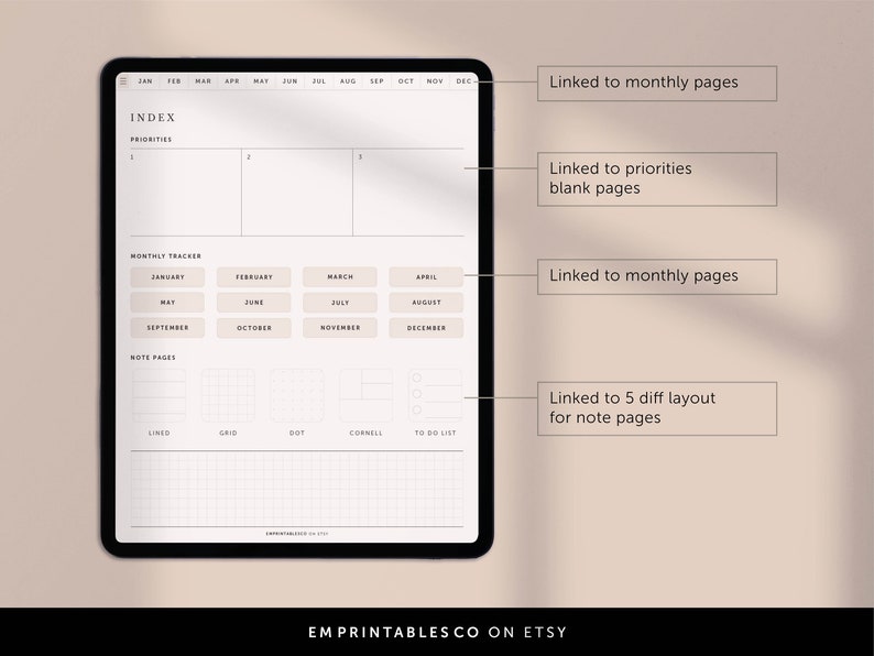 May include: A digital planner template with a monthly tracker, index, and note pages. The monthly tracker includes a grid of 12 months, and the index has three sections for priorities. The note pages include lined, grid, dot, Cornell, and to-do list layouts.