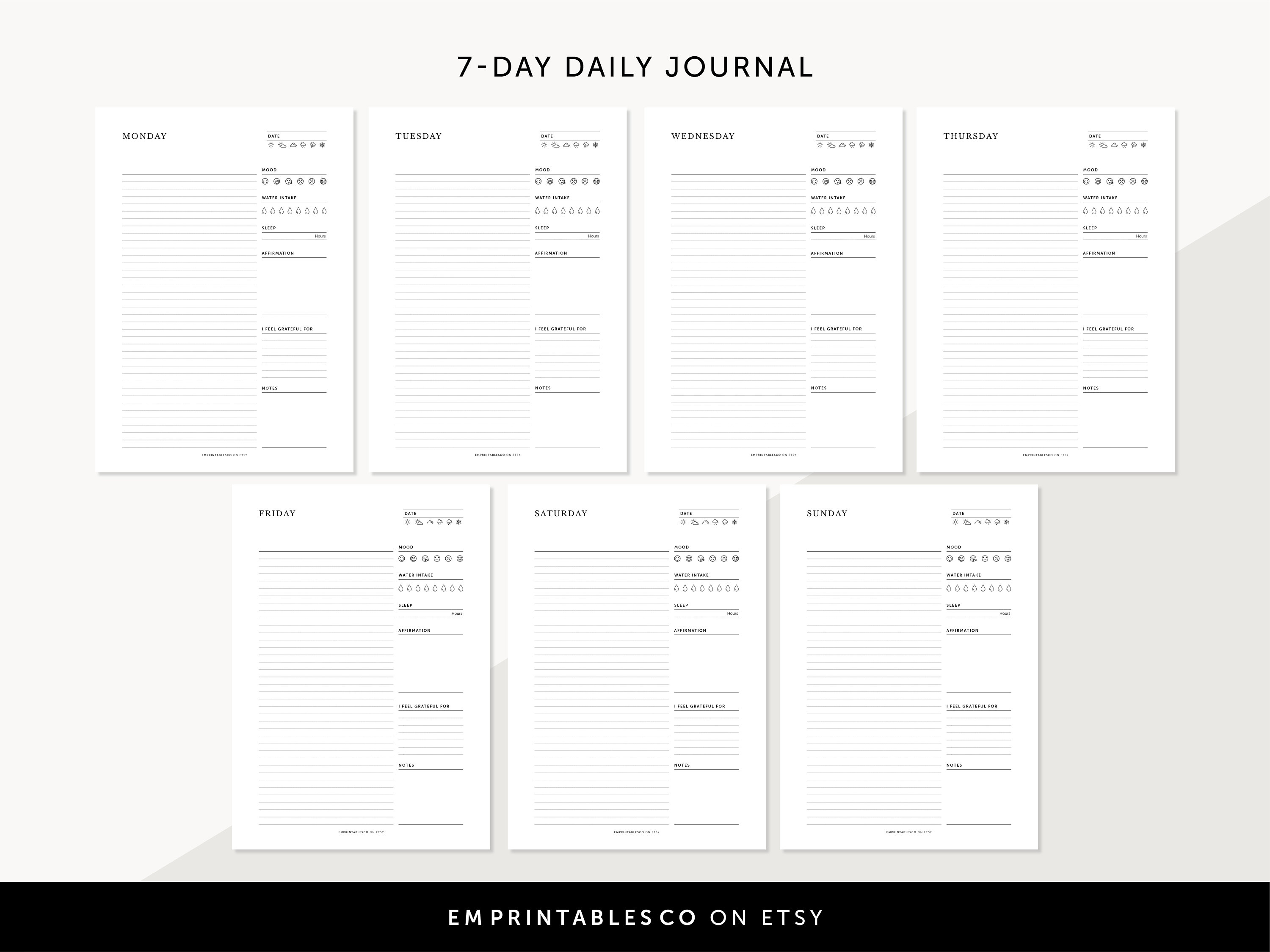 Daily Journal, Daily Diary, 7-day Daily Notes, Daily Mood Tracker ...